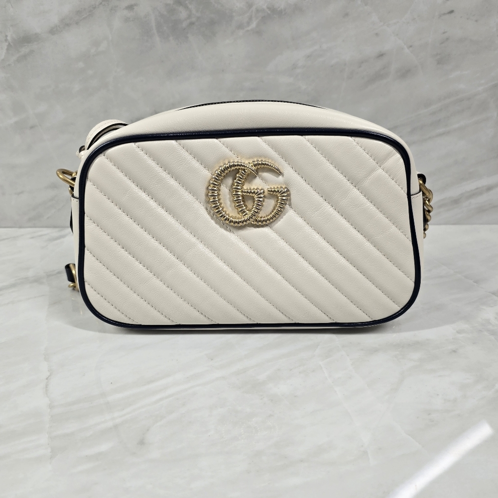 Gucci White GG Marmont Crossbody Bag with Quilted Texture and Gold Logo